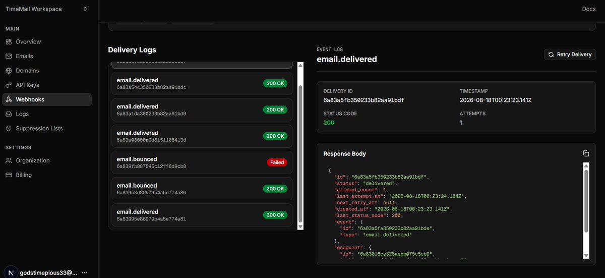timemail_hq's tweet photo. Shipped new updates to TimeMail webhooks today! ⚡️

1. Real-time delivery logs &amp; status codes (200 OK, bounces) 

2.Deep payload &amp; metadata inspection • One-click manual retries

 3. Cleaner dashboard UI with syntax highlighting
#buildinpublic #devtools #tech https://t.co/bp0VunC9wi