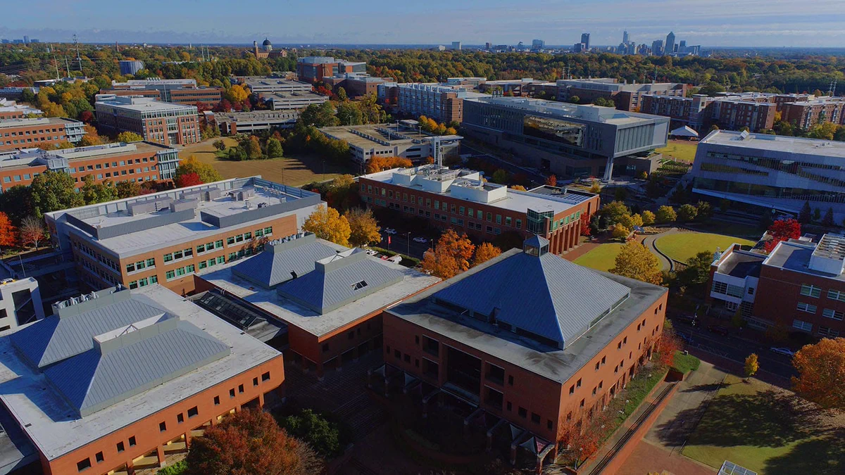 Aerial view of the Wilson College of Textiles surrounded by fall trees and a clear sky. The Raleigh skyline is in the background.