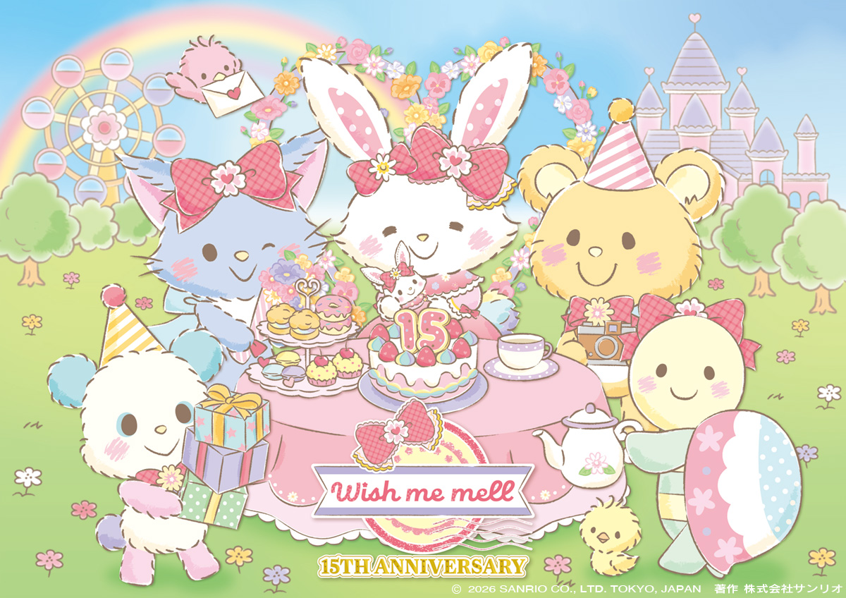 harmony_event's tweet photo. ˗ˋ 🎀 開催決定 🎀 ˊ˗
WISH ME MELL 15TH ANNIVERSARY

チーコたちがメルに内緒で用意したのは
特別な“ティーパーティ”🫖
ウィッシュミーメルは
大好きな笑顔に囲まれて
心温まるお誕生日を過ごします🎶

🗓️：2026年9月18日〜2027年3月31日
🎀：https://t.co/NitZUFgsHY

#ハーモニーランド
#ウィッシュミーメル15周年