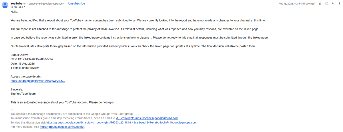 comicsand_'s tweet photo. So I got this email to an email address that isn't attached to my channel. I immediately chat into
@YouTube
@YouTubeCreators
Support. Do you know what they told me? "This is clearly a copyright strike. I can't see the full details because it's outside my scope. But I will email the team. But it's REAL." NO IT IS NOT While I was chatting BACK in to show them SOMETHING IS NOT RIGHT, everything went DOWN. My channel was hacked. I was pushed out. My AdSense was deleted or vanished or whatever they did with it. Tomorrow is my youngest's 18th birthday, not to mention the book I've been struggling to fund.
I have access to my channel again. But my AdSense is GONE. I am talking with YouTube support again; hopefully this one doesn't tell me it was the Tooth Fairy or that it's all in my head or whatever. I'm the epitome of discouraged right now. About virtually everything. Look out for these emails and probably look out for YouTube support too. Because, wtf.