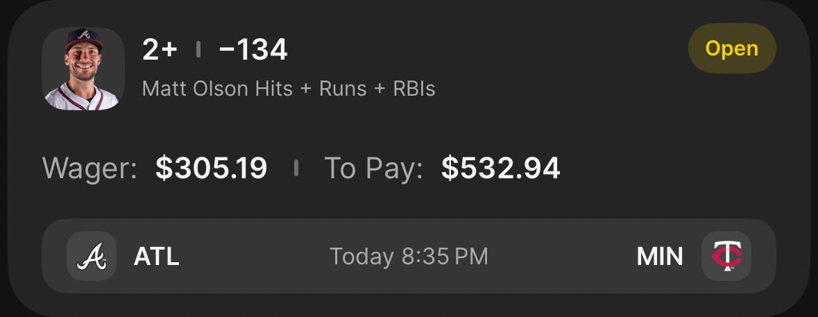 IppeiApproved's tweet photo. $100 → $305.19 ✅

Play #3: Matt Olson 2+ H+R+RBI.

$305.19 → $532.94 (Pending)

• .566 SLG vs RHP
• .364 xwOBA
• Batting cleanup 
• Ober: 4.64 ERA, 6.1 K/9,(L3) 5.00 ERA, 3.5 K/9
• MIN bullpen: 4.67 ERA

Let’s stay hot! 🚀 https://t.co/1ME3nSO3Zk