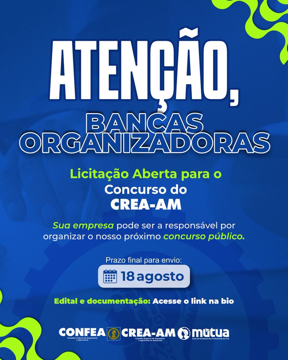 ConcursosRO_AC's tweet photo. 📢 Crea-AM torna público a abertura de licitação para contratação de empresa especializada na organização, execução e aplicação das provas do Concurso Público, destinado ao provimento de cargos efetivos de níveis médio e superior.
#CreaAM #ConselhoRegional #Rondônia https://t.co/HPkE879A5J