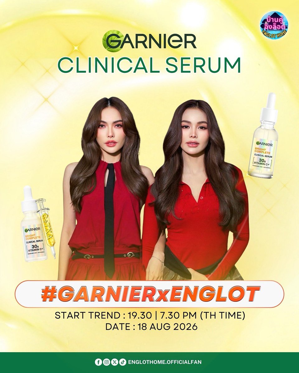 Englothome's tweet photo. 📢 เตรียมพบกับ "อิงฟ้า-ชาล็อต" แบบจุใจ 2 ชั่วโมงครึ่ง 💚 ที่ Shopee LIVE ของ Garnier Thailand อย่าพลาด! เพราะทุกไลฟ์มีแจกโพลารอยด์พร้อมลายเซ็น 🤩

🗓 วันที่ 18 สิงหาคม 2569 
⏰️ รอบ #อิงล็อต 20:00-20:30 น.
🎥 Shopee : garnier_thailand

📌 ร่วมกันเทรนด์ผ่านแฮชแท็ก
((ช่วงอิงล็อตไลฟ์คู่กัน))
#️⃣ #.GARNIERxENGLOT
⏰️ Start Trend : 19.30 น.
🗓 Date : 18 Aug 2026
 
📌 กติกา 
1. ซื้อและชำระเงินคลินิคอล เซรั่ม ขนาด 50 มล. ครบ 1,599 บาท ในไลฟ์ Shopee ตามช่วงเวลา 
2. ส่งฟอร์มตามช่วงเวลาที่กำหนดตามลิ้งค์แบบฟอร์มในโพสต์บน X: @GarnierThailand 

✨️ เวลา 20:00-20:30 น. โพลารอยด์อิงล็อต 10 รางวัล (ส่งแบบฟอร์มเวลา 21:00 น.) 
💝 ลิ้งค์ลงทะเบียน >> https://t.co/GyxKn4K3Ek
 
- 1 Username จะได้รับเพียง 1 รางวัลเท่านั้น 
- แบบฟอร์มจะถูกเปิดไว้แล้ว หากพบการส่งฟอร์มก่อนเวลาจะถูกตัดสิทธิ์ทันที 
- สามารถส่งฟอร์มได้เพียง 1 ครั้งเท่านั้น ไม่สามารถส่งฟอร์มซ้ำได้ หาหากส่งฟอร์มซ้ำจะถูกตัดสิทธิ์ทันที 
- ต้องเข้าสู่ระบบก่อนจึงจะสามารถเข้าแบบฟอร์มได้ 
- การจัดส่งแบบเก็บเงินปลายทาง (COD) ไม่เข้าร่วมกิจกรรม 
 
#GarnierClinicalSerumxEngfahCharlotte #englot #บ้านคู่อิงล็อต 
#อิงฟ้ามหาชน #EngfaWaraha #ชาล็อตออสติน #CharlotteAustin
@GarnierThailand @EWaraha @itscharlotty