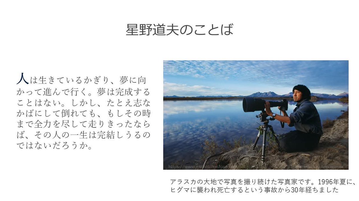nagasecom's tweet photo. 大好きだった　星野道夫さん　アラスカで没後30年　年月の過ぎ去るのは早いです。何度もこの言葉に助けられて今があります。ＢＳでも番組が再放送がされていいます、是非ご覧ください！ https://t.co/qPyuaIXyio