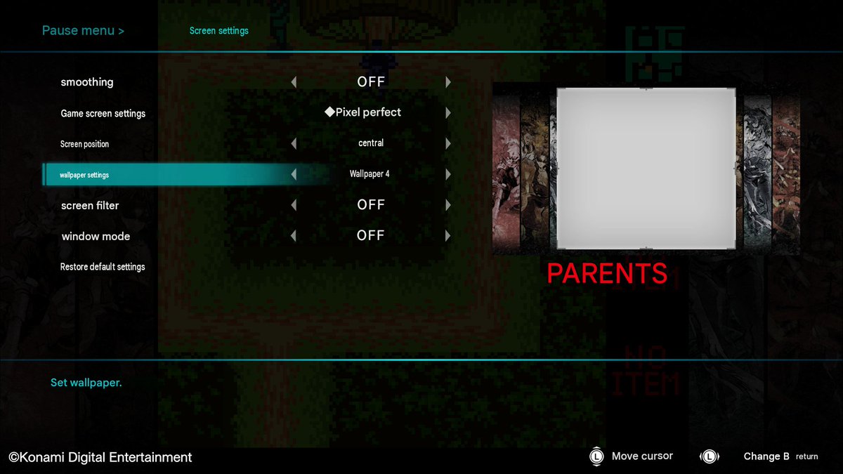 MGSMGN's tweet photo. An update from the Metal Gear Dev Team
"The display settings that were well received in METAL GEAR SOLID: MASTER COLLECTION Vol.1 (#MGSVol1) return in this release. Along with options such as Pixel Perfect mode, you can also choose from a selection of wallpapers. #MGGB"
**The screenshot below was machine-translated, so I apologize if anything in it doesn’t make sense.