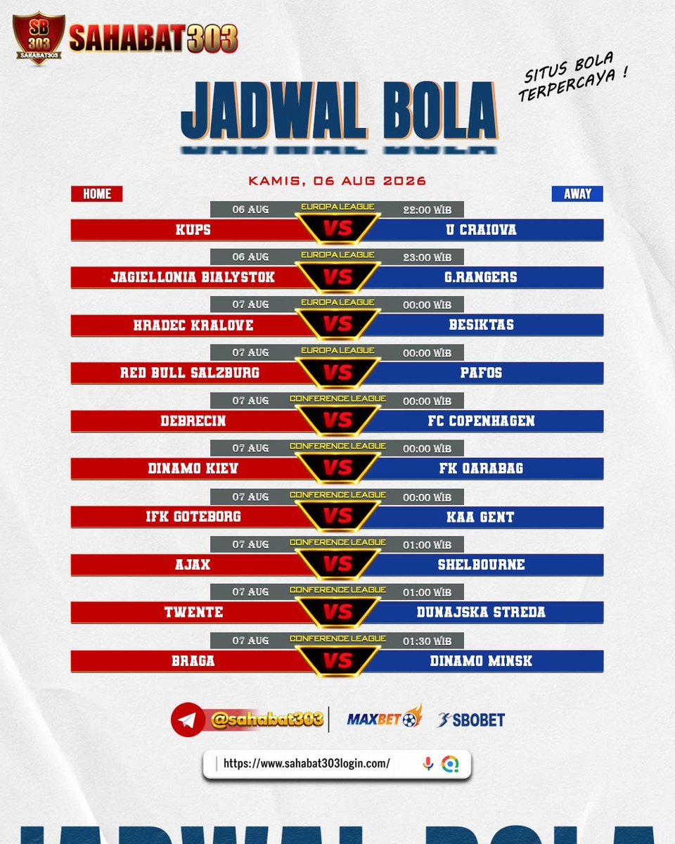 KayessOnly2024's tweet photo. JADWAL BOLA 06 AUG 2026 | SAHABAT303

Saatnya buktikan insting terbaikmu dan raih kemenangan bersama SAHABAT303! 💰

✅ Deposit &amp; Withdraw Cepat
✅ Pasaran Lengkap
✅ Customer Service 24 Jam
✅ Aman &amp; Terpercaya

🔥 PLAY AND WIN TOGETHER
🔥 Link : https://t.co/ZxbMkldc42 https://t.co/iOV1va3pUt