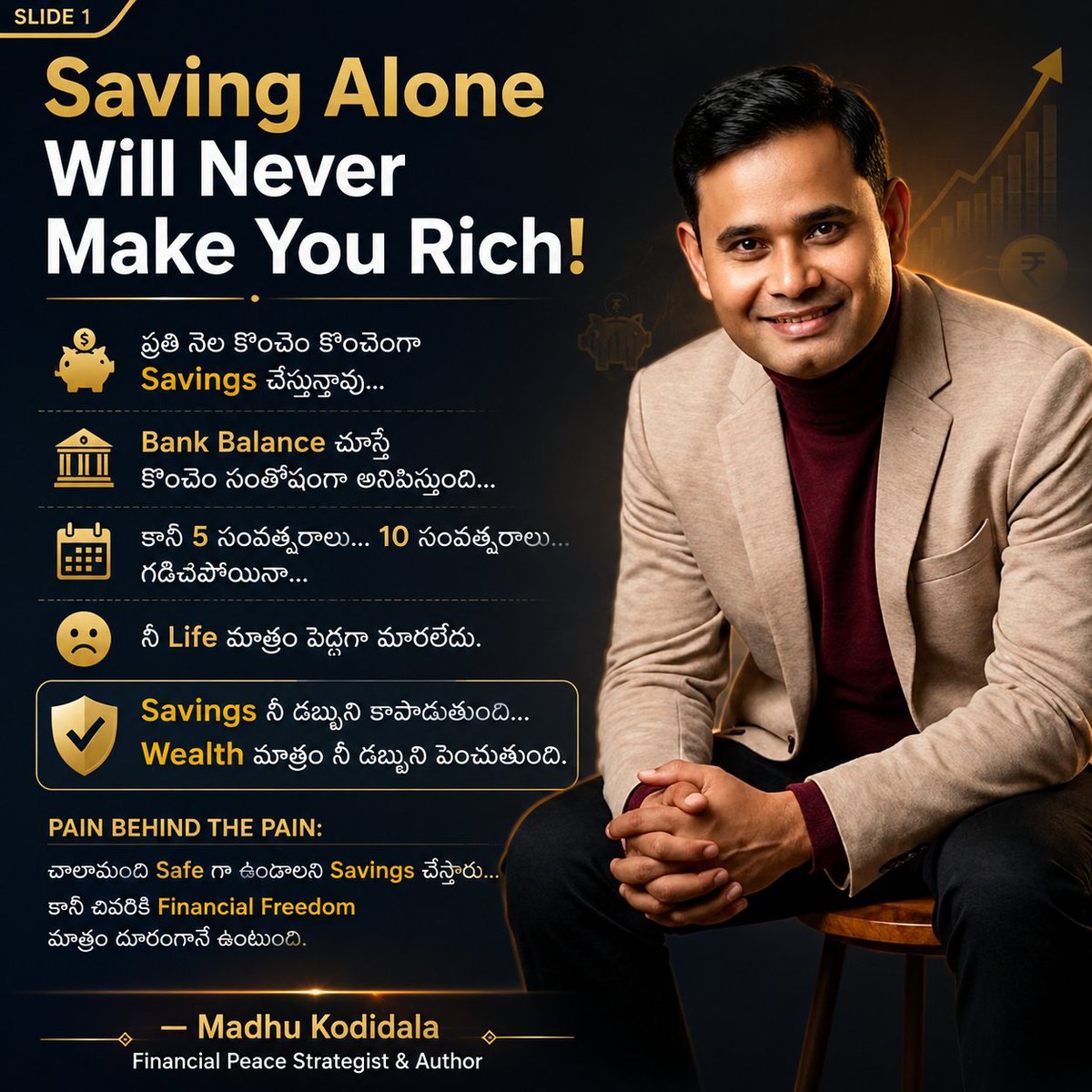 KodidalaMadhu's tweet photo. Savings మాత్రమే కాదు... Wealth Creation కూడా నేర్చుకోండి. మీ Money System మార్చితేనే Financial Peace వస్తుంది. ప్రారంభించండి today.

 https://t.co/7iyf9U2HDc

#FinancialPeace #WealthCreation #MoneyManagement #SalaryToWealth #FinancialFreedom #InvestSmart https://t.co/BuCbDZZNiT