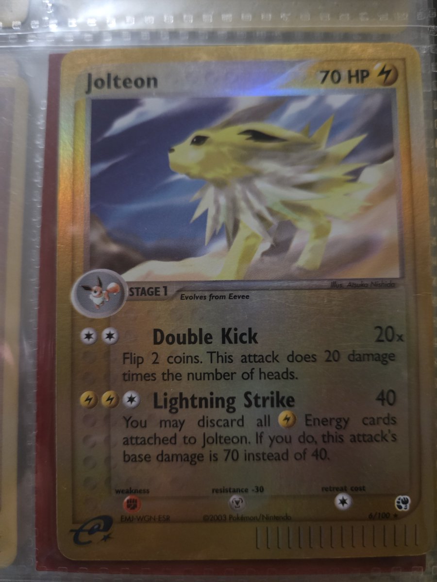 JazzDaChameleon's tweet photo. @KirbyCheatFurby These are my Jolteon E-Readers!
I actually love, love showing off my collection. 😅 I'm proud of it even if the cards were played with. https://t.co/eMLhcFSRmF