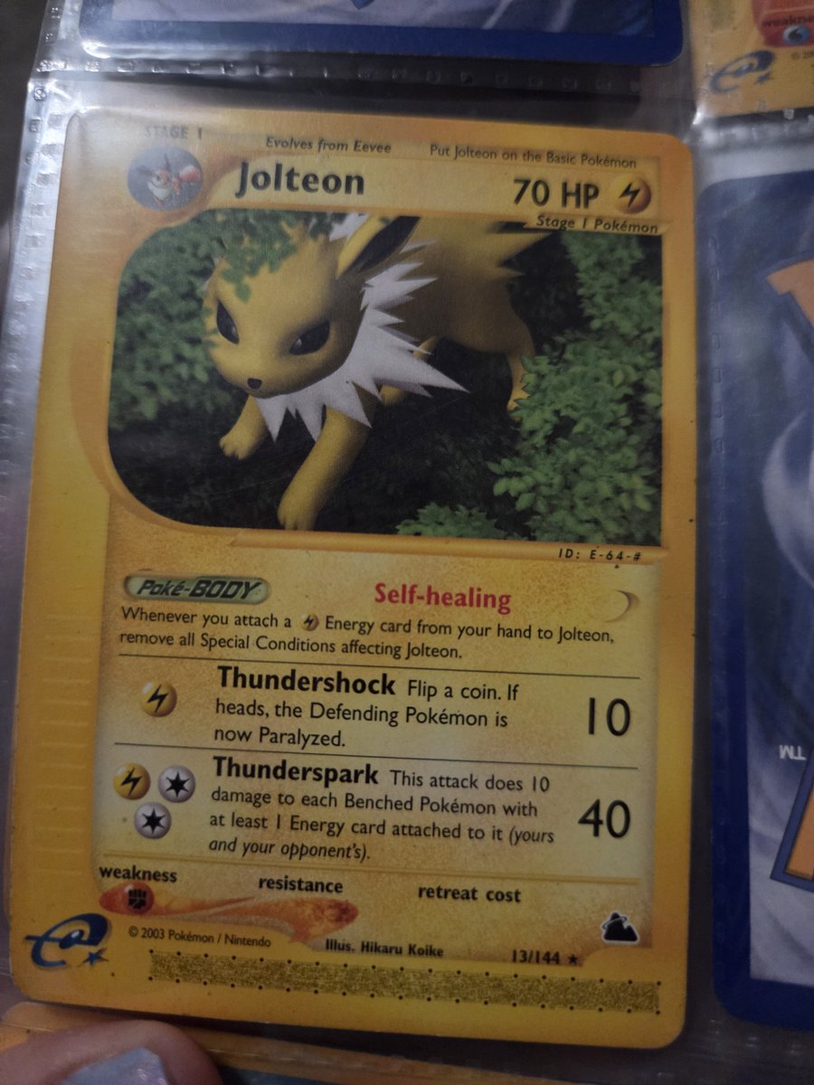 JazzDaChameleon's tweet photo. @KirbyCheatFurby These are my Jolteon E-Readers!
I actually love, love showing off my collection. 😅 I'm proud of it even if the cards were played with. https://t.co/eMLhcFSRmF