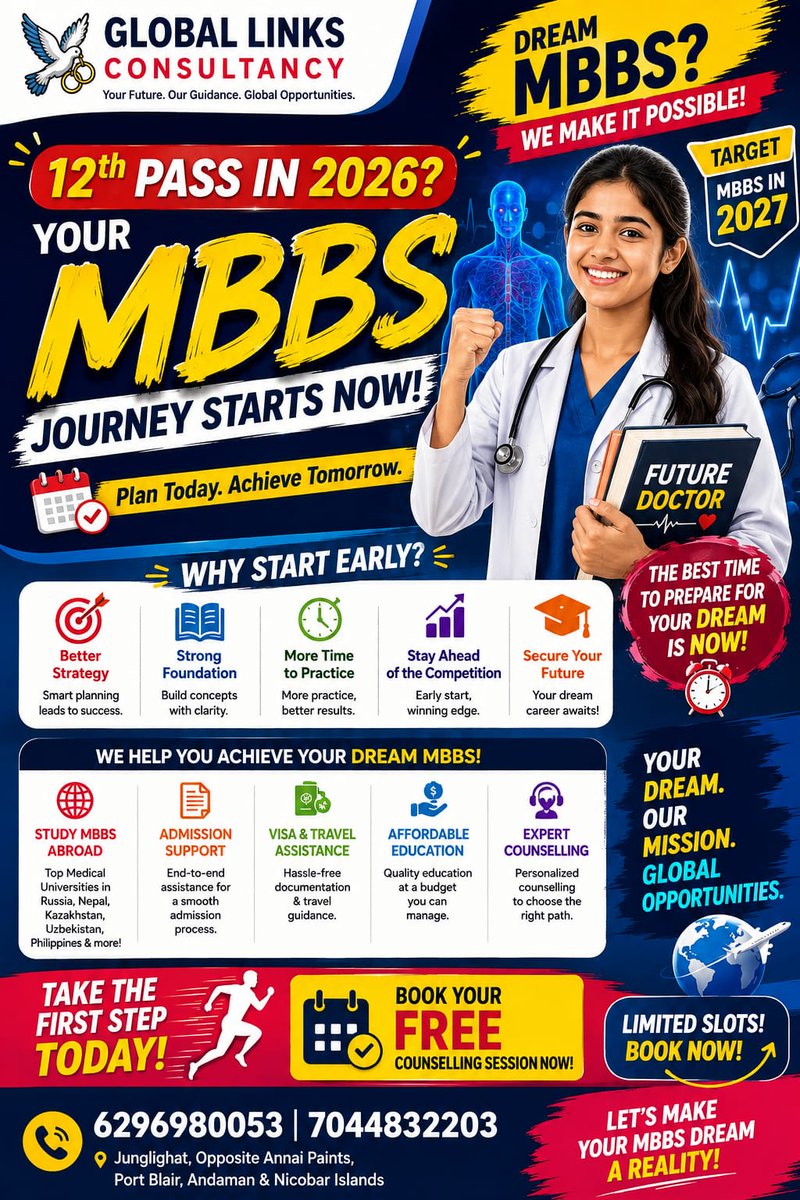 Globallinks2011's tweet photo. 🩺 Your dream MBBS starts with the right guidance.
Plan early. Study smart. Build your future with Global Links Consultancy.
📞 6296980053 | 7044832203
#MBBSAbroad #NEET2027 #StudyAbroad #MedicalStudents #CareerGuidance https://t.co/UB9stDTIZY