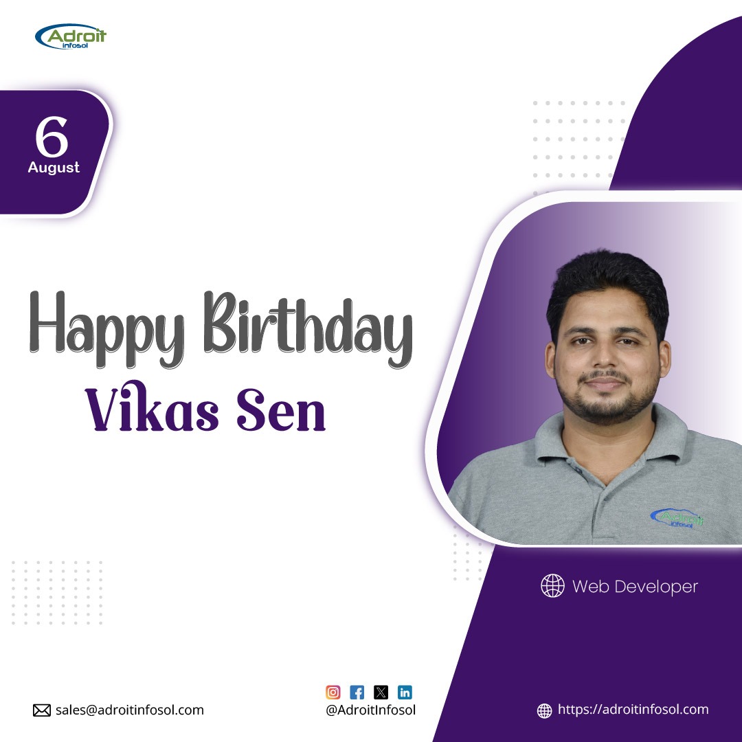 AdroitInfosol's tweet photo. Wishing a very Happy Birthday to our valued team member Vikas Sen.

May this birthday bring you joy, laughter, and all the happiness you deserve.

#HappyBirthday #EmployeeSpotlight #adroitinfosol #lifeatAI https://t.co/iAWLu3Ex5w