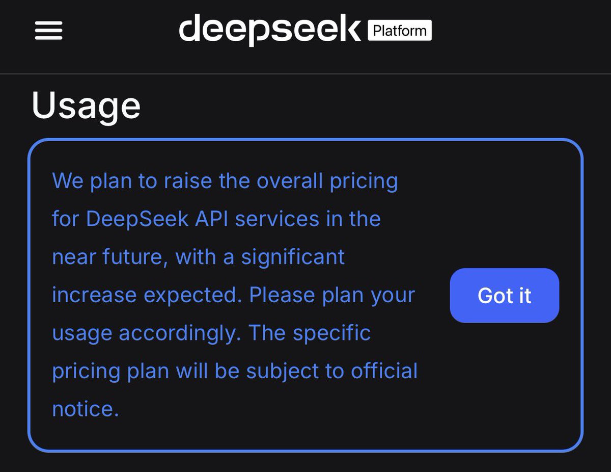 ns123abc's tweet photo. 🚨 DeepSeek plans a SIGNIFICANT INCREASE in API prices soon

>“please plan your usage accordingly”

it’s over for the poors https://t.co/HK3vTPW0QI