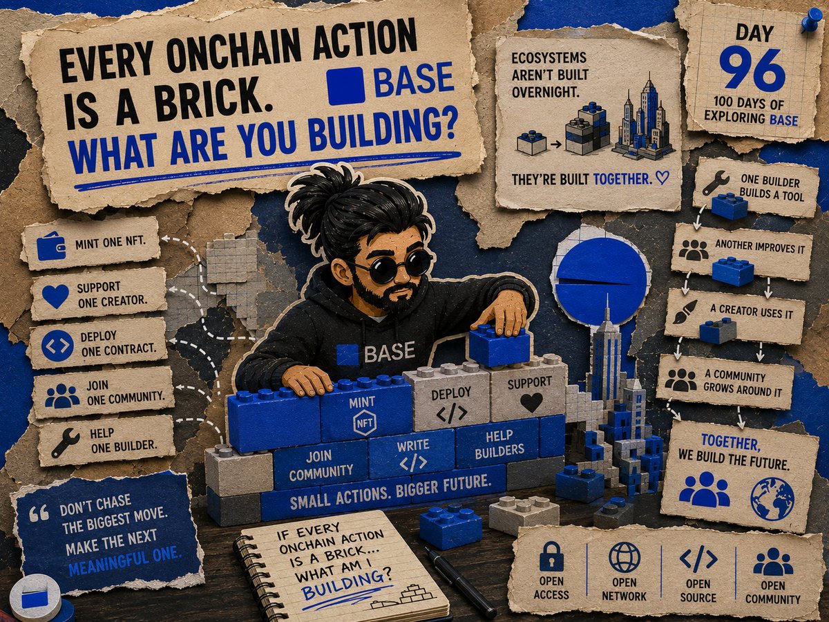 zyrex2608's tweet photo. Hallo everyone it is our Day 96 of 100 Days journey of Exploring @base .And our today's topic is Every Onchain Action Is a Brick then What Are You Building?

Today I stopped thinking about transactions. Instead I started thinking about construction. Imagine you are standing in front of an empty piece of land.

You do not build a house in one day. You lay one brick then another. Most of them do not look important on their own.

But months later they become a home.I think Base works the same way. Mint one NFT. Support one creator. Deploy one contract. Join one community. Help one builder.

None of those actions feel world-changing but together they are building something much bigger than any of us can see. That is the beauty of an open ecosystem.

You do not need permission to place your brick. You just start building and someone else might build on top of what you created.

A developer writes an open-source tool. Another builder improves it. A creator uses it to launch something new. A community grows around it.

Years later nobody remembers where the first brick was placed. They just see the city that was built. Maybe that is the mindset Base encourages.

Do not chase the biggest move. Make the next meaningful one because ecosystems are not built by one giant breakthrough.

They are built by thousands of small contributions that keep stacking over time. So here is the question I asked myself today: If every onchain action is a brick... what am I building?

Day 96/100 of exploring Base.