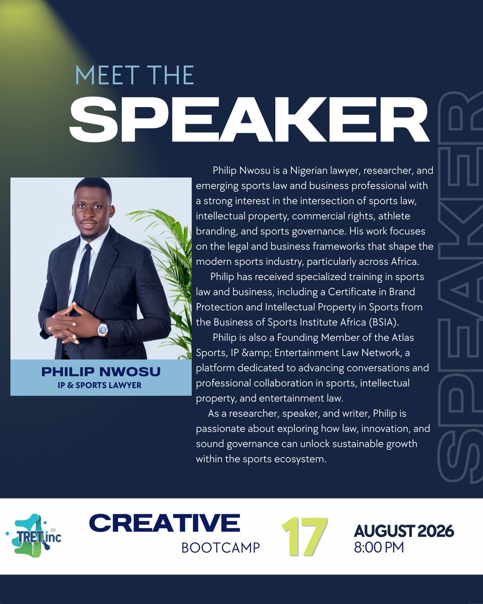 thetretinc's tweet photo. MEET OUR SPEAKER; PHILIP NWOSU. ESQ

THE DYNAMICS OF SPORTS LAW: SPORTS CONTRACT, COMMERCIALIZATION AND BRANDING IN THE 21ST CENTURY/Ai ERA https://t.co/fh334VRTDN