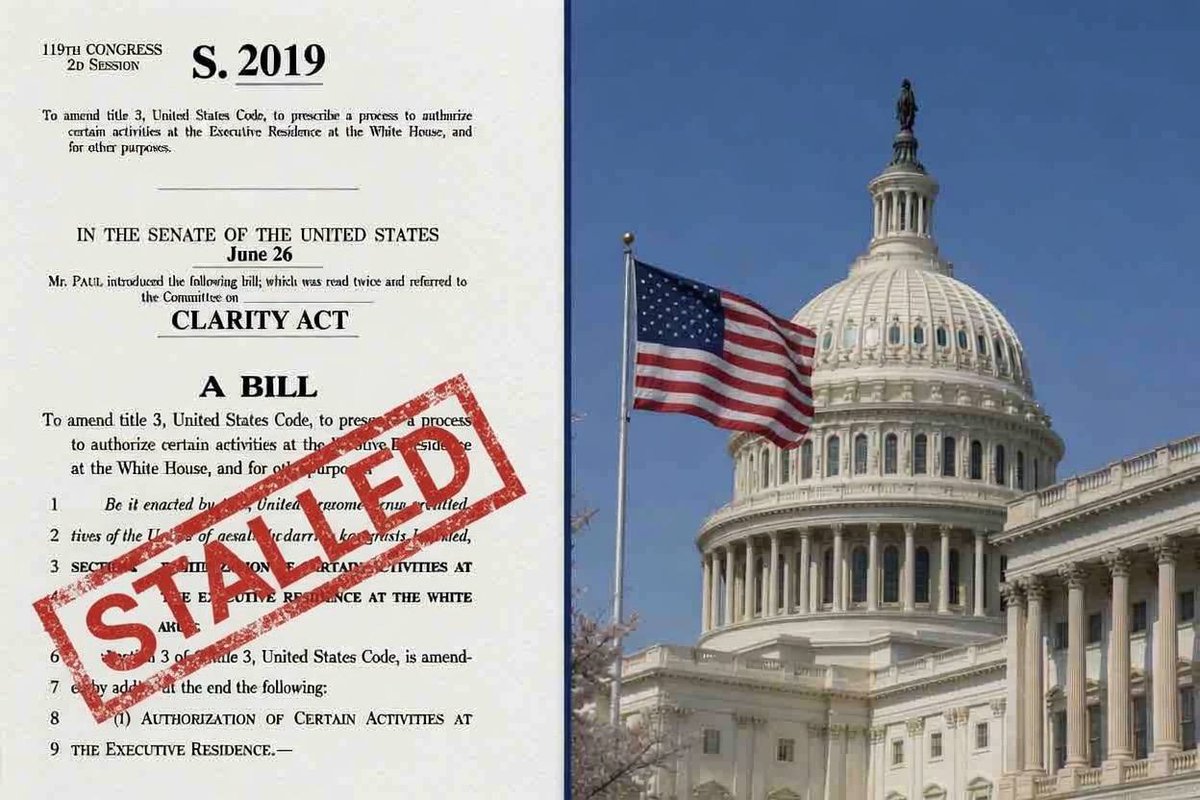 cryptorover's tweet photo. 🚨 CLARITY ACT PASSAGE JUST BECAME ALMOST IMPOSSIBLE.

Wednesday's cloture filing did not include the CLARITY Act, meaning the standard Senate process no longer allows a Friday vote.

The only remaining paths would be unanimous Senate consent to fast-track the process or extending the session into the weekend.

Senator Lummis said she believes the Senate will stay past Friday and hold a vote, but that remains unlikely.

The US is on the brink of falling behind.