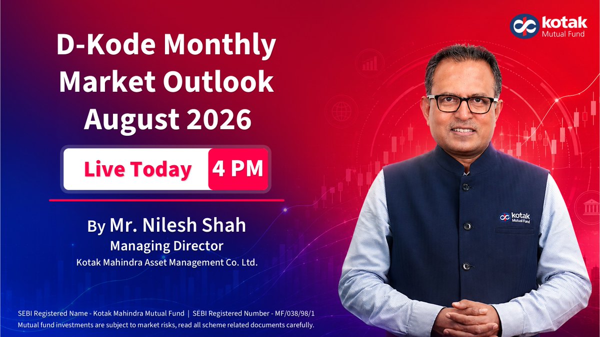 KotakMF's tweet photo. 🚨 Live Today at 4 PM Join Mr @NileshShah68 for the August Market Outlook session as he shares his perspective on the current market environment, key developments, and factors that investors should watch closely.  
Stay informed with insights that matter.  

👉 Watch it live: https://t.co/ykrJ5hIwjB  

#NileshShah #CurrentMarketUpdate #MarketOutlook #MarketInsight #GlobalMarket #GeopoliticalRisk #GlobalEconomy #MacroEconomy #Equity #Debt #Gold #Silver