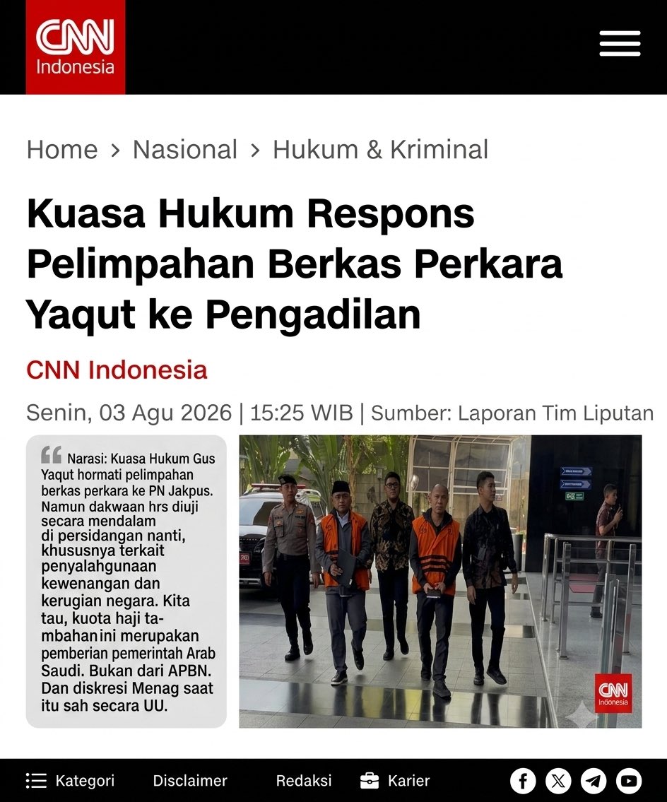 repostwonogiri's tweet photo. Kuasa hukum Gus Yaqut menyatakan menghormati pelimpahan berkas perkara ke Pengadilan Negeri Jakarta Pusat sebagai bagian dari proses hukum. https://t.co/nQmDpVuvST