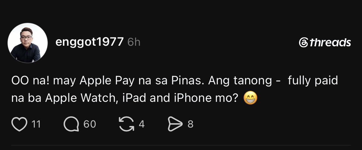 akobaloy's tweet photo. Oo full paid naman pero hindi ba gagana ang Apple Pay kung naka-installment yung gadget? https://t.co/wHmyOPkN35