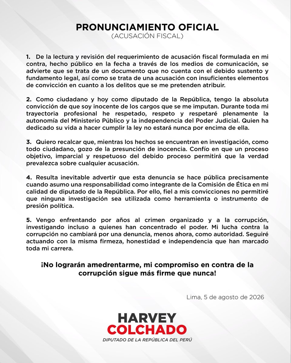 HarveyColchado's tweet photo. PRONUNCIAMIENTO OFICIAL
Acusación Fiscal