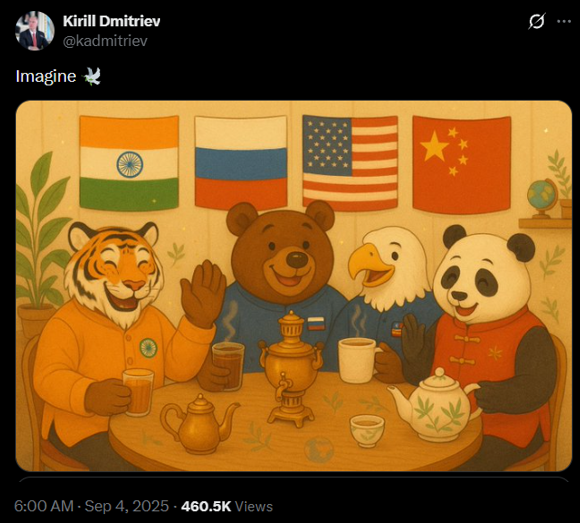 AwakenedOutlaw's tweet photo. Imagine 🕊️ 
Stick with me here.  

Remember when everyone was freaking out when Trump went missing for 3+ days a little over a year ago, late Aug 2025? You know, when the Dems and the press were demanding to know if he was in the hospital?  

Biden, not so much. Commander Applesauce could disappear for a week or two, and no one cared. It was the norm, not the exception.  

Anyway, Xi, Putin, and Modi held a high-level SCO Summit in China from the end of Aug through the first days of Sept 2025.  

Putin’s plane landed in Tianjin on the morning of Aug 31, 2025, for a banquet/SCO event that evening with Xi. Formal talks between the two followed on Sept 2nd, and the big military parade on Sept 3rd. Modi met with Xi on Aug 31 (and with Putin on Sept 1st). He did not attend the parade and left China on Sept 1st.  

At least that was the public schedule.  

Now, Trump famously went quiet Aug 27–29th and into the Labor Day weekend. The first clear public sighting of him after the multi-day stretch with no camera appearances (which began after the Aug  26th Cabinet meeting) was his being photographed playing golf on Sat, Aug 30th, at Trump National in Virginia with his grandchildren.    But was he?  

Or at least in the capacity of playing the hours-long whole round?  I mention all of this b/c one of Putin’s advisors, @kadmitriev, posted about the gathering twice. 

On Sept 1st, he shared a meme of a Bengal Tiger (India), a Bear (Russia), and a Panda (China) enjoying a meal. Then, on Sept 4th (See both below), he quote-posted himself with a modified version of the original meme that added an Eagle (USA), captioned:   “Imagine 🕊️” (peace dove)  

That said, I believe there’s a puncher’s chance we were essentially told that Trump had slipped in and out of China on a secret mission (hence the disappearance and the resulting commotion) to meet with the three of them in private, away from the prying eyes of the world.  

This would mean Trump may have left on the 30th after golf (or possibly earlier), flown overnight, met with them, and done a quick turn-and-burn back to the States. This meme would then have represented the four of them meeting around Aug 31, 2025.  

I realize this comes after Trump disappeared just days earlier. Still, that earlier quiet period could have been pre-planning or preparation for the meeting — a meeting we can infer from the secrecy would have been rather substantial if true.  

It goes without saying that if this happened, those in on the deception would have included the Air Force One crew, his security detail, Trump himself, and perhaps an aide or two. The press pool wouldn't have known for obvious reasons.  

It’s not even out of the question that he left earlier than immediately after golf.  Heck, he could have already been gone and used the double from the onset.  And if you weren't aware, Trump has been accused of using golf body doubles before (one widely circulated example is here:   

https://t.co/plo6kbN62L 

FWIW, there's more than one of them.  Some will scoff at the notion; I get that.   But the fact is that leaders around the world have used doubles for security and operational reasons for a very long time (Putin definitely uses them).  And with the much larger global stakes at play, the grand effort required to pull off the deception may well have been of the utmost importance.  

Of course Trump still plays (and loves) golf. But it’s also a potential move he could make when certain things arise, and he needed a window of time where he is free to do something else, entirely off the grid.  

Ok, so as for the Truth Social posts during that stretch — he could have done those from anywhere (or had them handled by a trusted aide).  

All told, the entirely out-of-the-ordinary absence, combined with Putin’s aide posting the updated “Imagine 🕊️” meme on Sept 4th that added the American eagle to the table, is what makes this interesting.  

I mention this b/c many believe they have been working together behind the scenes for some time now.  

What do you think?  

h/t @FactsOrFables4U
