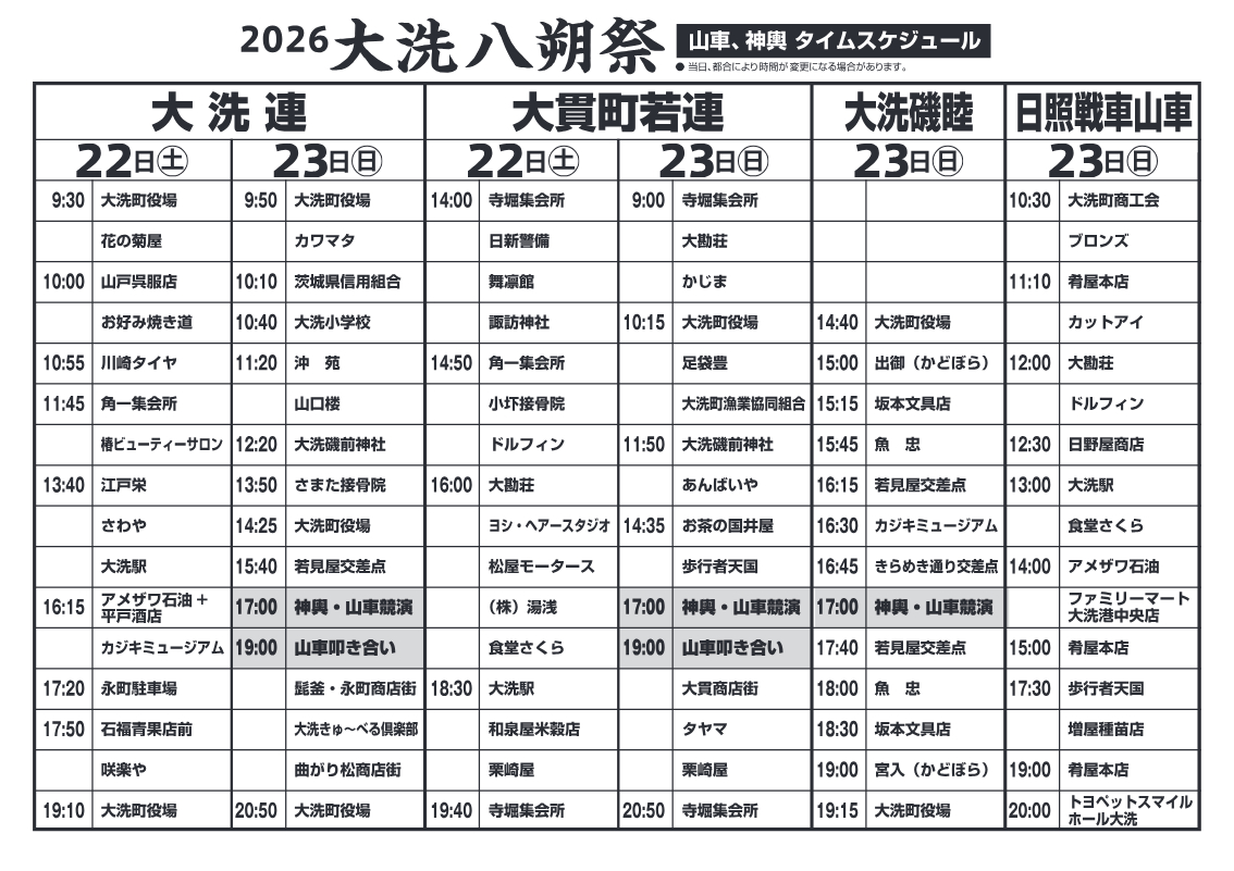 OaraiTourist's tweet photo. 8月23日（日）#大洗 町内の商店街で開催『令和八年度 #大洗八朔祭』の概要が発表されました（神事は8月25日の火曜日に大洗磯前神社で開催）。
チラシや山車の巡航ルート（22日～23日）、歩行者天国などの詳細は添付した画像および下記HPをご覧下さい！
https://t.co/WTrOwkj1DT https://t.co/RLPQPmQotU