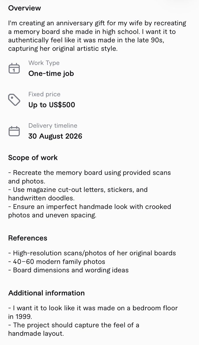 NarasiVisual's tweet photo. Asal kalian tau ya guys, di platform-platform freelance kayak UpWork dan Fiverr ada klien yang berani bayar $500 cuma buat bikin mading.

Iya, beneran mading kayak yang kamu bikin di sekolah dulu.

Dan ini buyer verified yang bisa kamu cek profil-nya loh ya, bukan scammer.

Jadi sekali lagi, kalau kamu masih nyari duit di sini dengan cara ngerusuhin timeline, sharing hoax, ss saldo editan, copas threads, atau bikin postingan rage bait…

coba pertimbangkan matang-matang. Masih banyak cara jujur kok buat cari cuan dari online.

#CatatanCuan