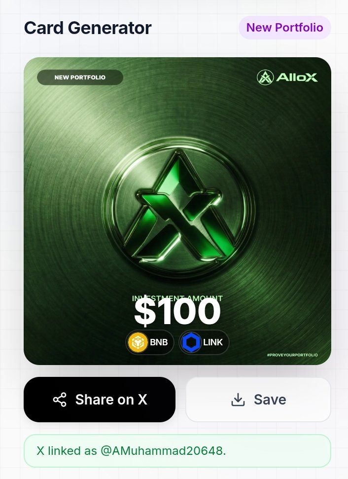 AMuhammad20648's tweet photo. Just created my new AlloX Portfolio Card!
Starting with a $100 investment in BNB and LINK as I continue my Web3 journey. 🌐
Excited to explore new opportunities, grow my portfolio, and be part of the AlloX ecosystem.
#AlloX #ProveYourPortfolio #BNB #Chainlink #Crypto https://t.co/mqfXu9SCOh