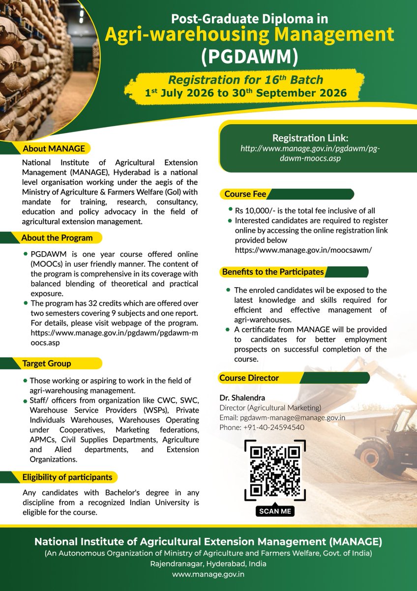ManageHyd's tweet photo. Build your career in #Agricultural #Warehousing with the #PGDAWM #MOOCs by #MANAGE!
🎓 1-Year Online Diploma
📢 Admissions Open – 16th Batch
🗓️ Last Date: 30 Sept 2026
🔗 Register Now: https://t.co/JQiFZkYLPz https://t.co/p1rjIe28eC