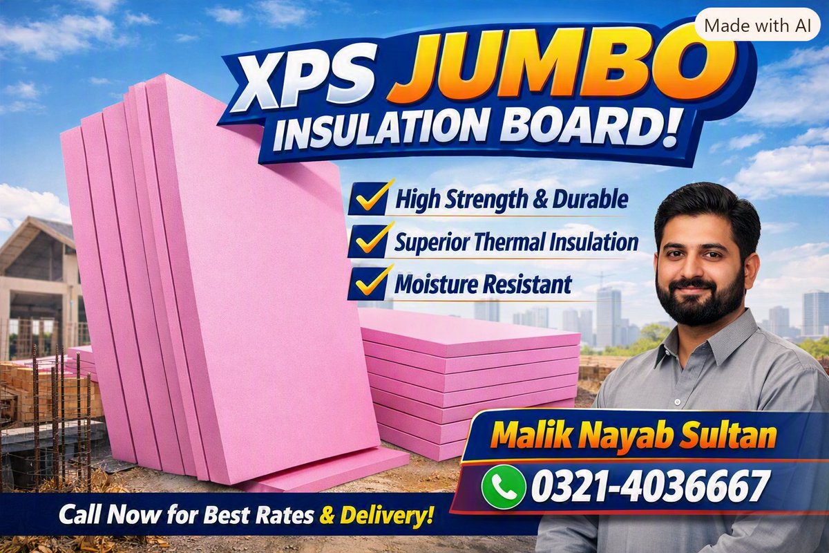 nayabsultan1988's tweet photo. XPS Insulation - Pink Power for stronger, Smarter Buildings!
Our XPS (Extruded Polystyrene) sheets are the perfect solution for walls, roofs, and foundations.
Contacts us today for details &amp; nationwide delivery:
Malik Nayab Sultan 
Lahore, Pakistan 
WhatsApp/Call: 0321 4036667 https://t.co/6Jrbe1XDo0
