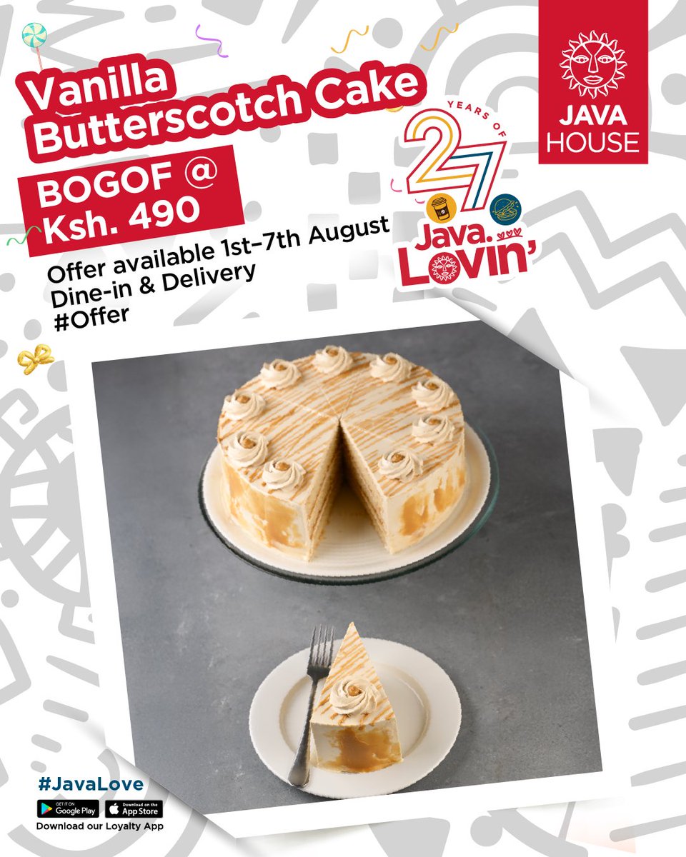 javahouseafrica's tweet photo. Do not miss out on the birthday sweetness! Enjoy the Vanilla Butterscotch cake on BOGOF till 7th July! You can order at a branch near you or have it delivered.​
#JavaLove #27YearsOfJavaLovin https://t.co/TWJ9TAeLHU