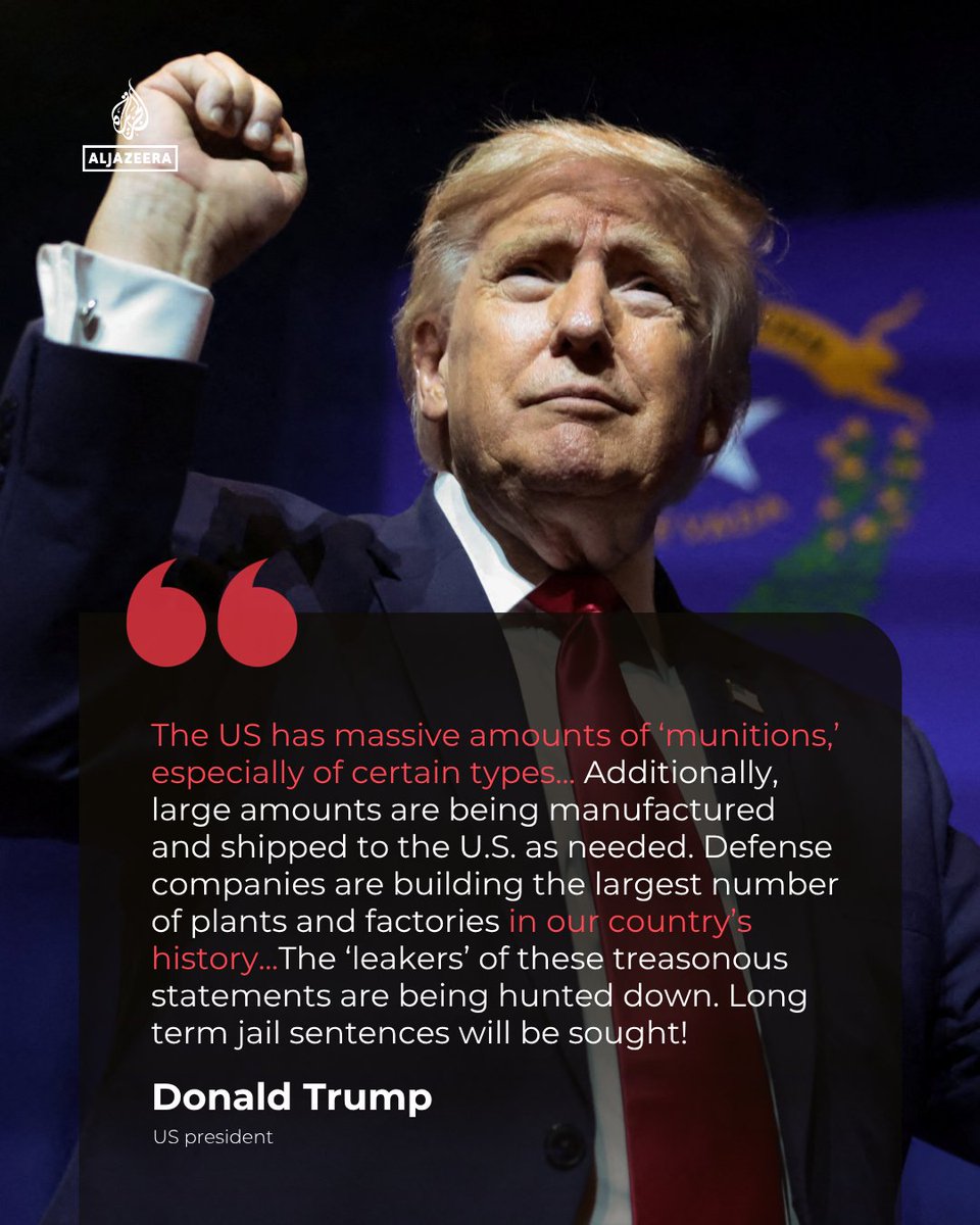 AJEnglish's tweet photo. BREAKING: US President Donald Trump has rejected media reports that the Pentagon’s missile stockpiles are running low, insisting that the military maintains massive reserves and is rapidly expanding production.

🔴 LIVE updates: https://t.co/gJ2MI27xnD https://t.co/9AVGr6ZmMy