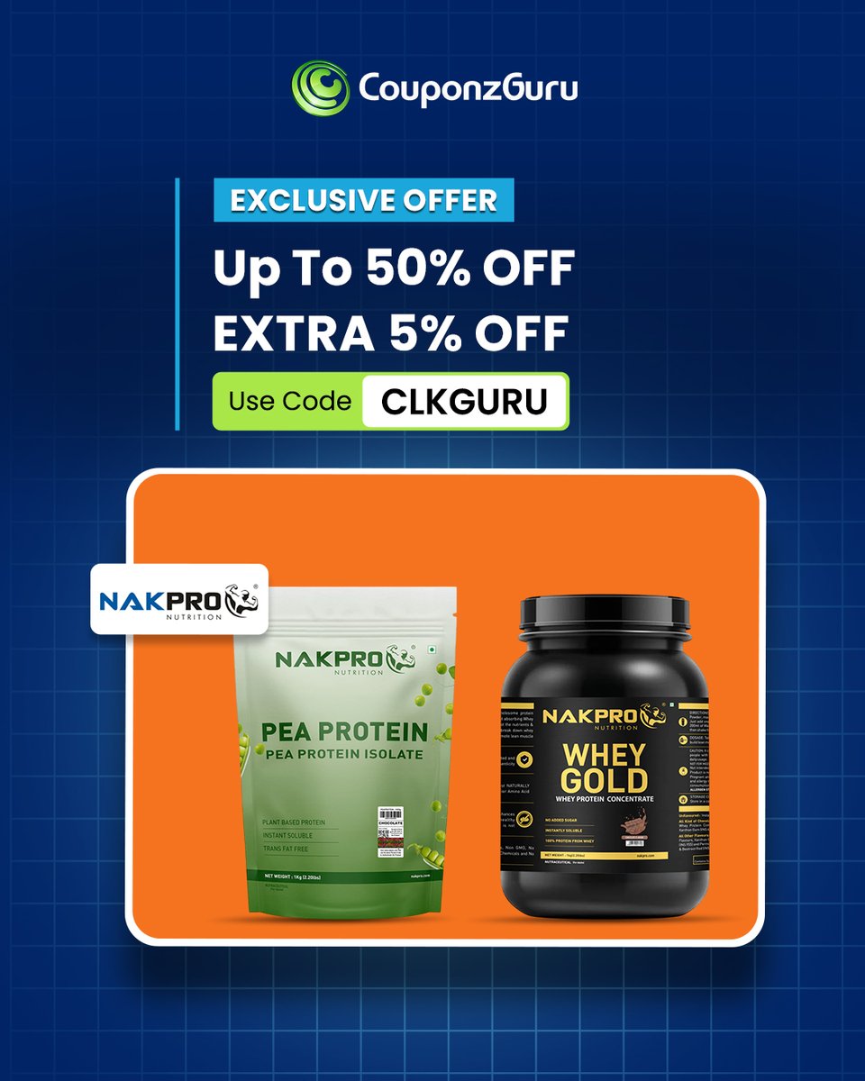 couponzguru's tweet photo. Exclusive Offer!!
Get up to 50% off on Nakpro health nutrition.
Get an extra 5% off using the coupon code.
Use Code - CLKGURU
#fitness #protein #wheyprotein #offers #CouponzGuru https://t.co/qLVr2G5zU7