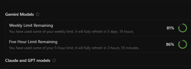 Gemini usage panel showing depleted weekly and five-hour limits after a bug-heavy session