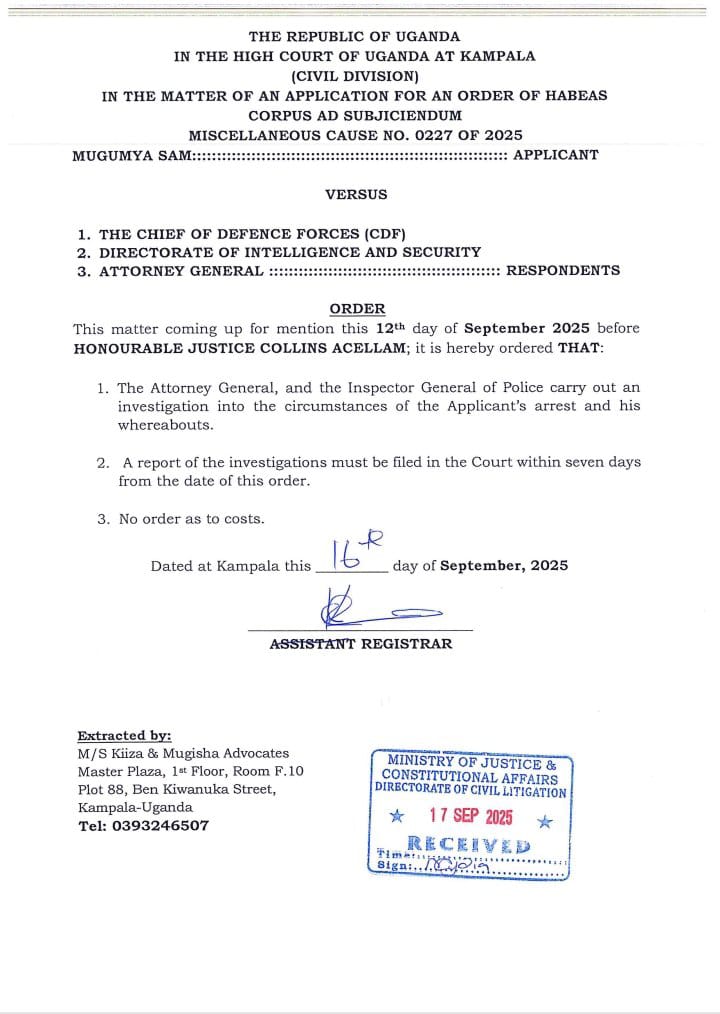 Dorah709's tweet photo. On 12th September 2025, Justice Collins Accelam ordered security forces to produce Sam Mugumya. https://t.co/iwcgVr9ECg