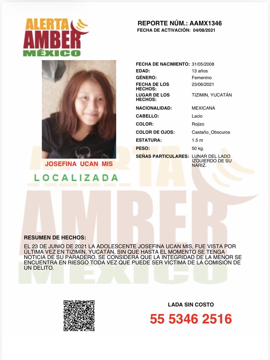 AAMBER_yucatan's tweet photo. #AAYUC Informa de la DESACTIVACIÓN de la ALERTA AMBER de la adolescente MARÍA JOSEFINA UCAN MIS 13 años de edad al momento de su desaparición, lo anterior por haber sido LOCALIZADA.@fgeyucatan https://t.co/IrnUtdJMtm