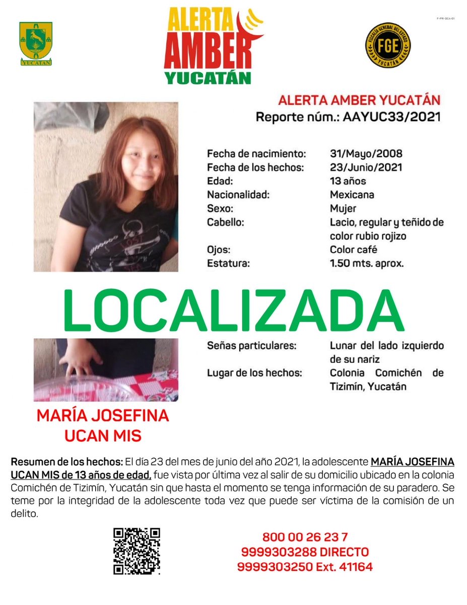 AAMBER_yucatan's tweet photo. #AAYUC Informa de la DESACTIVACIÓN de la ALERTA AMBER de la adolescente MARÍA JOSEFINA UCAN MIS 13 años de edad al momento de su desaparición, lo anterior por haber sido LOCALIZADA.@fgeyucatan https://t.co/IrnUtdJMtm