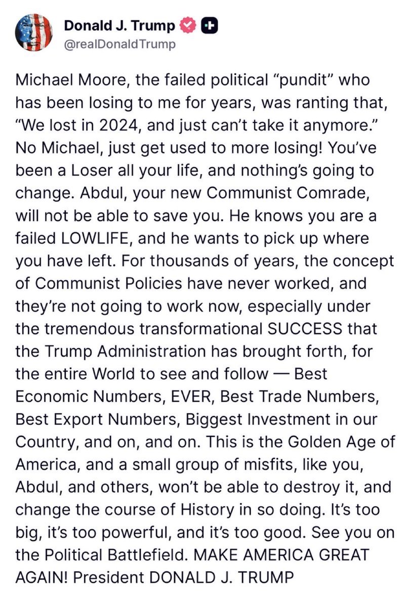 MelissaNews21's tweet photo. 🚨 JUST NOW: President Trump just now ENDED Michael Moore’s whole career in one post 🔥 https://t.co/xRtdpNNUL0