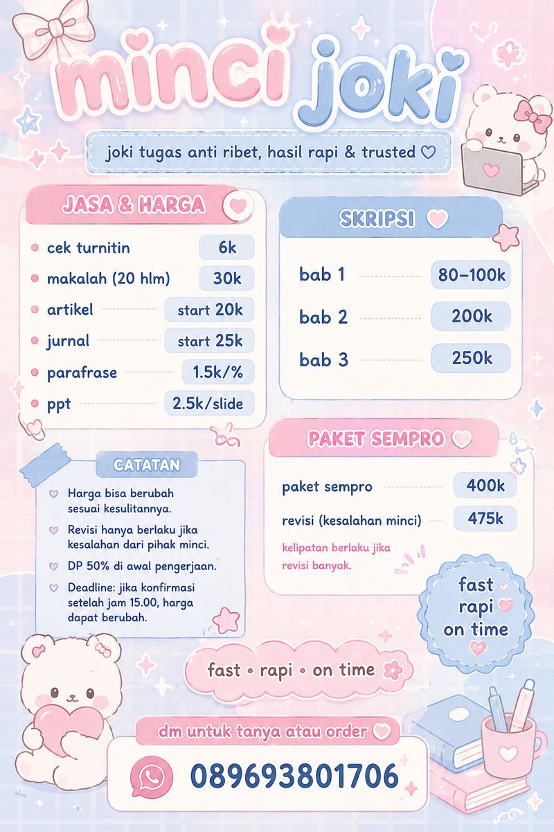 mincijoki's tweet photo. open joki makalah, artikel, parafrase, skripsi, ppt, dll 
free revisi, hasil cepat, fast resp 
https://t.co/2OJQiglbej
#zonauangㅤ#zonajajan #wts https://t.co/dCMcWVUHCL