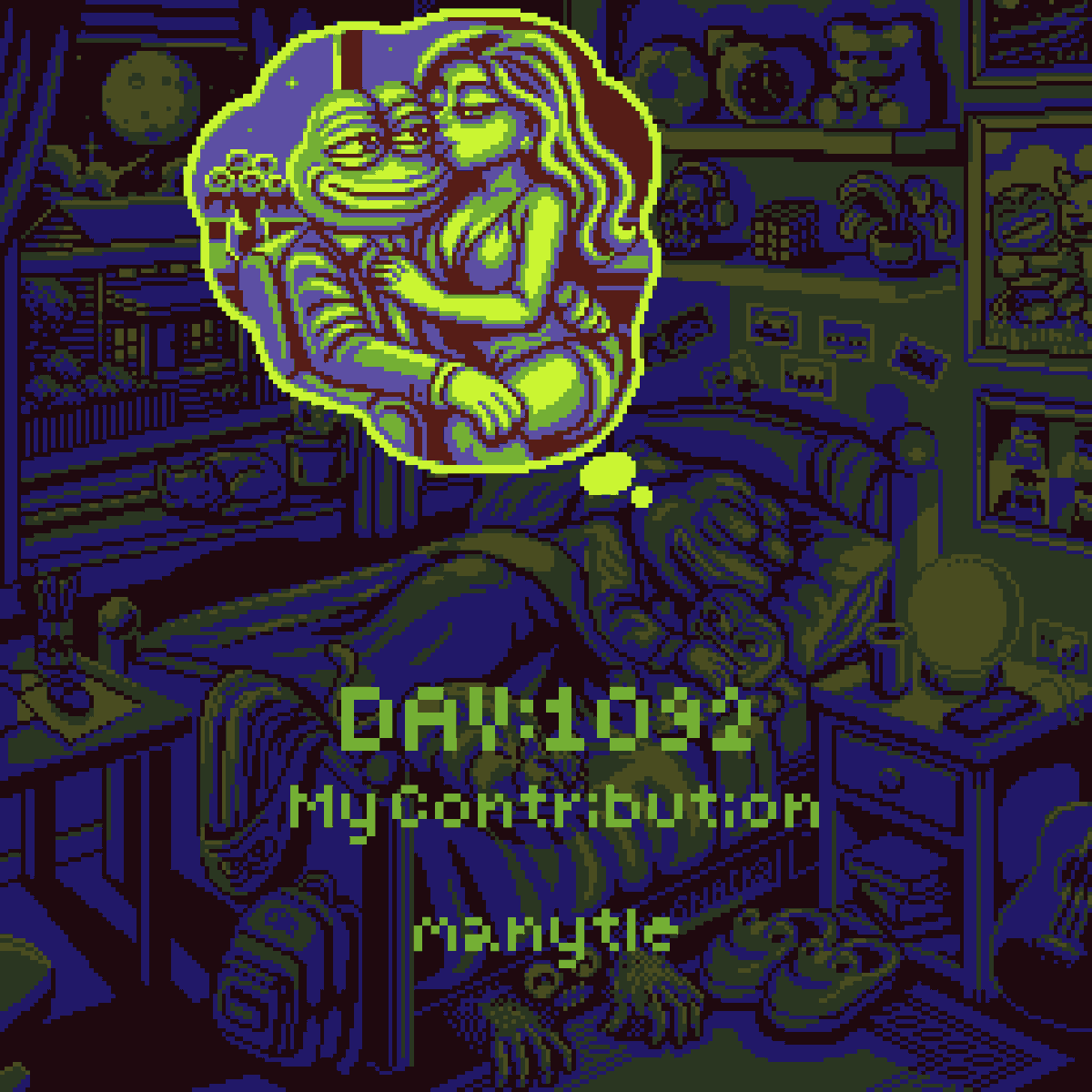 manytle's tweet photo. Day #1092: Sweet Dream, Pepe
Yesterday, I drew a dream scene for Pepe on the canvas.

Open Mint 15 Hours Left on @basepaint_xyz 
https://t.co/r1JVNwTR43 https://t.co/lQO6lQTYN6