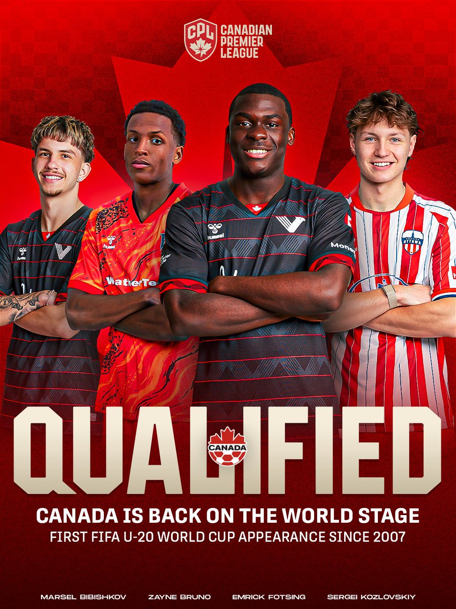 CPLsoccer's tweet photo. DESTINATION: 2027 U-20 WORLD CUP ✈️🇨🇦🔥

Nearly 20 years later, Canada is back on the world stage. HUGE shoutout to the squad for getting the job done tonight! 🍁👏 https://t.co/rPnvpbr9lU