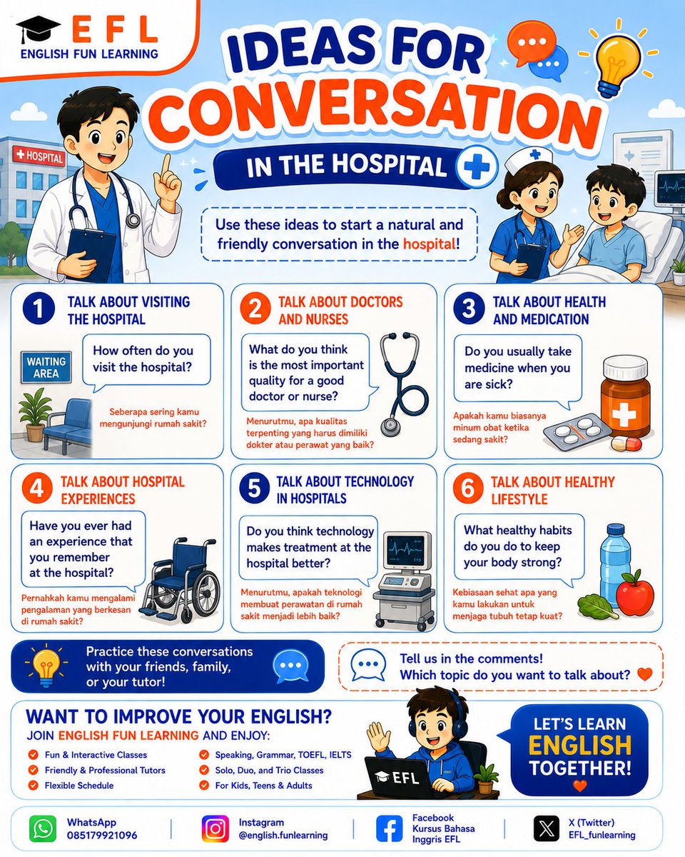 EFL_funlearning's tweet photo. 💬 Speaking Practice
Have you ever stayed in a hospital?
Answer in English! 👇
#EnglishConversation #SpeakingPractice #LearnEnglish #HospitalEnglish https://t.co/2hPLKH9kyh