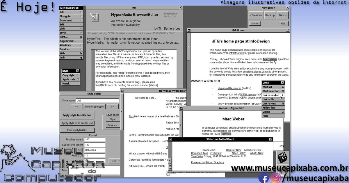 museucapixaba's tweet photo. É hoje! A primeira página WEB da história faz 35 anos!
+em https://t.co/gqNMV0I8Bd
#MuseuCapixaba #mcc #éhoje #museu #tecnologia #retro #OnThisDay #Web #WorldWideWeb #TimBernersLee #CERN #Hipertexto #HTTP #Internet #Browser #Website #NeXTcube #NeXTStep #ServidorWeb #SteveJobs https://t.co/Dt0rjGP2XY