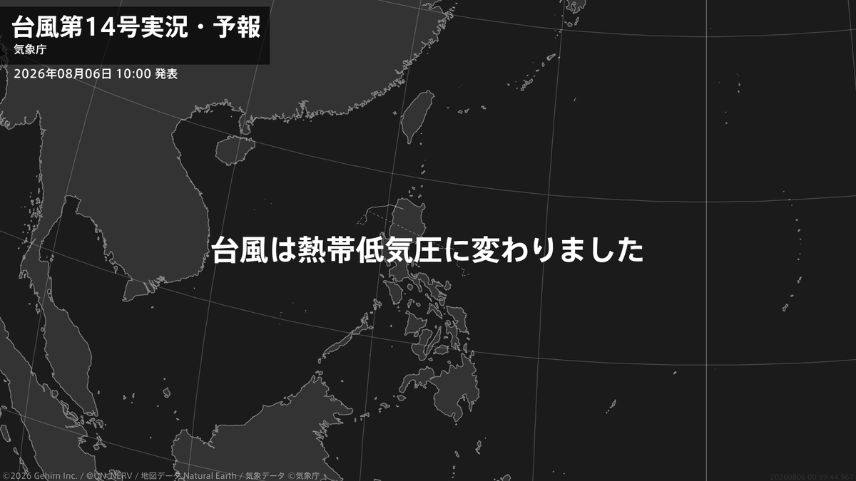 UN_NERV's tweet photo. 【台風第14号実況・予報 2026年08月06日 09:59】
台風第14号（クジラ）は熱帯低気圧に変わりました。 https://t.co/xjZumRk3X1
