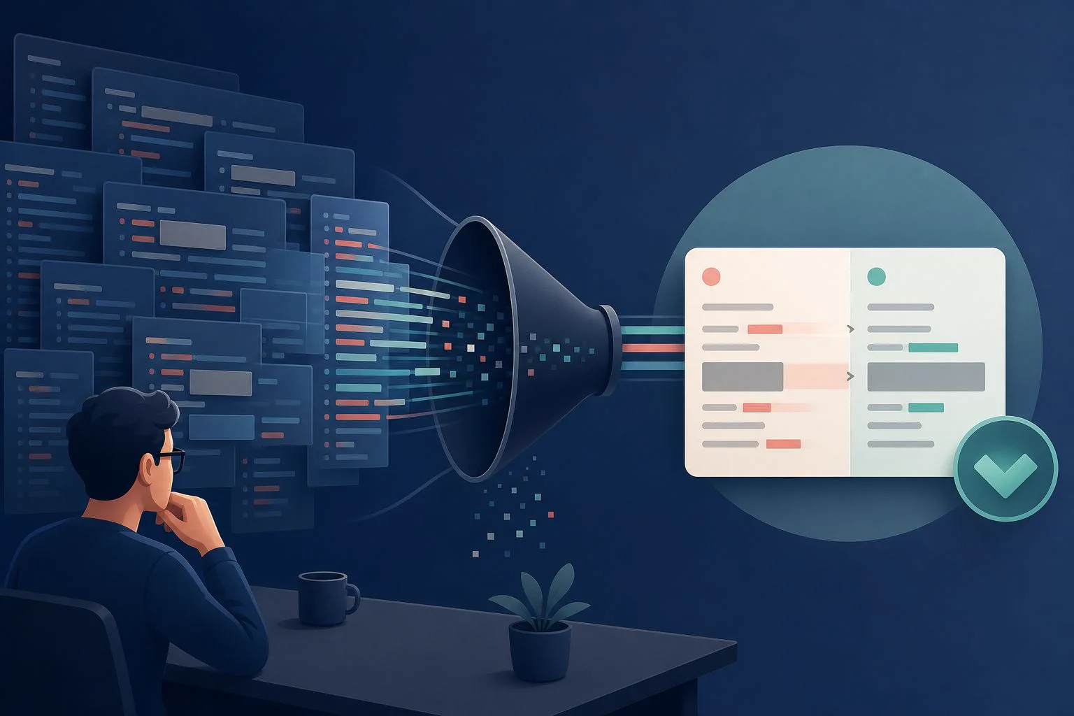 A developer watches many noisy configuration panels pass through a filter and emerge as one focused before-and-after comparison ready for verification.