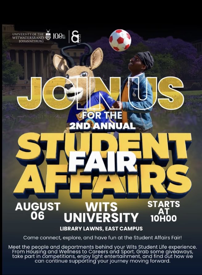 witsSGU's tweet photo. Hey Witsies!

Join us at Wits student Affair Fair. We hope you are looking forward to see us because we do!#witsuniversity,#witsstudents https://t.co/mOSOCgngnn