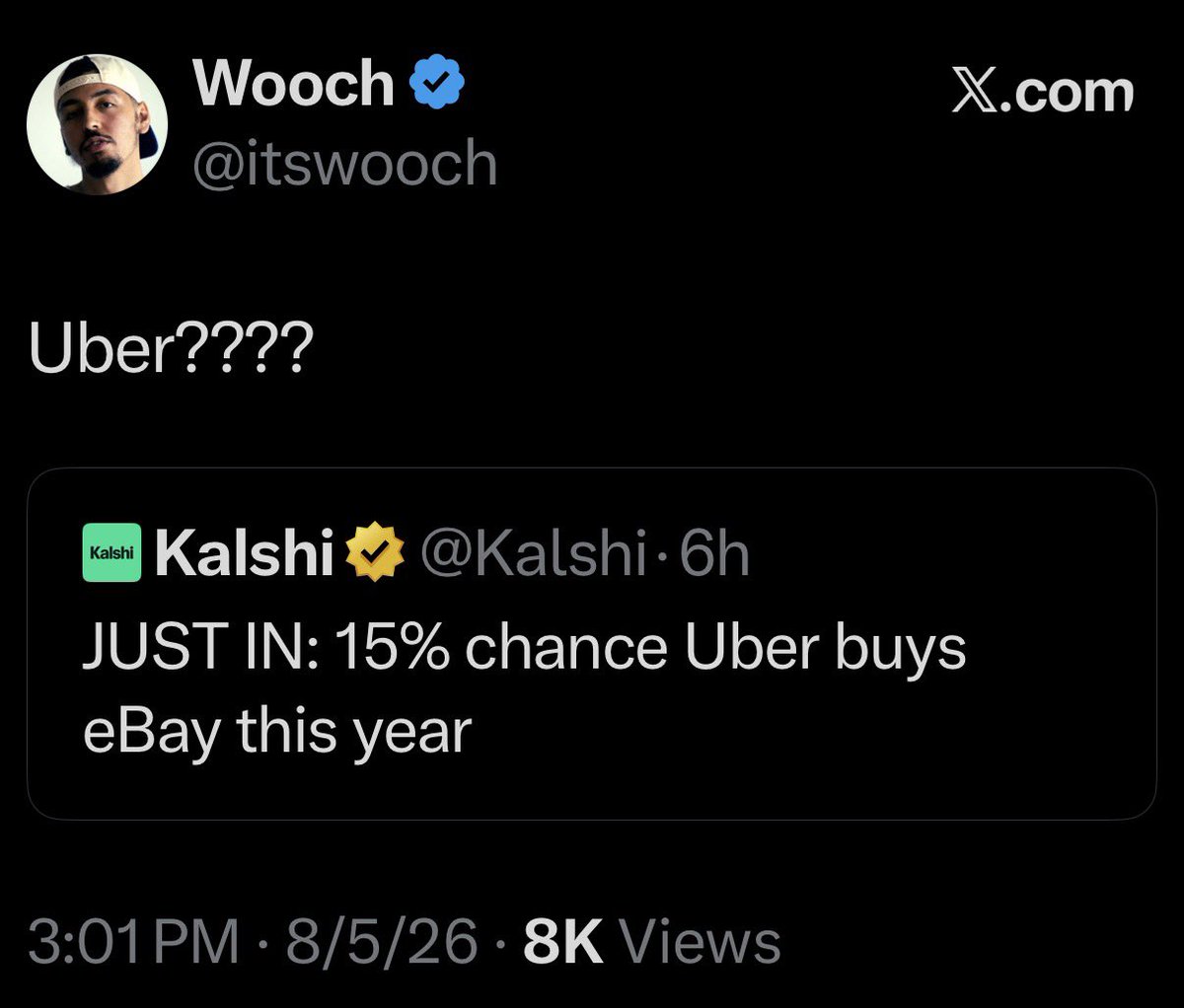 itswooch's tweet photo. Kalshi deleted the Uber potentially buying eBay post, that’s weird 👀 https://t.co/q4MX8hLS43