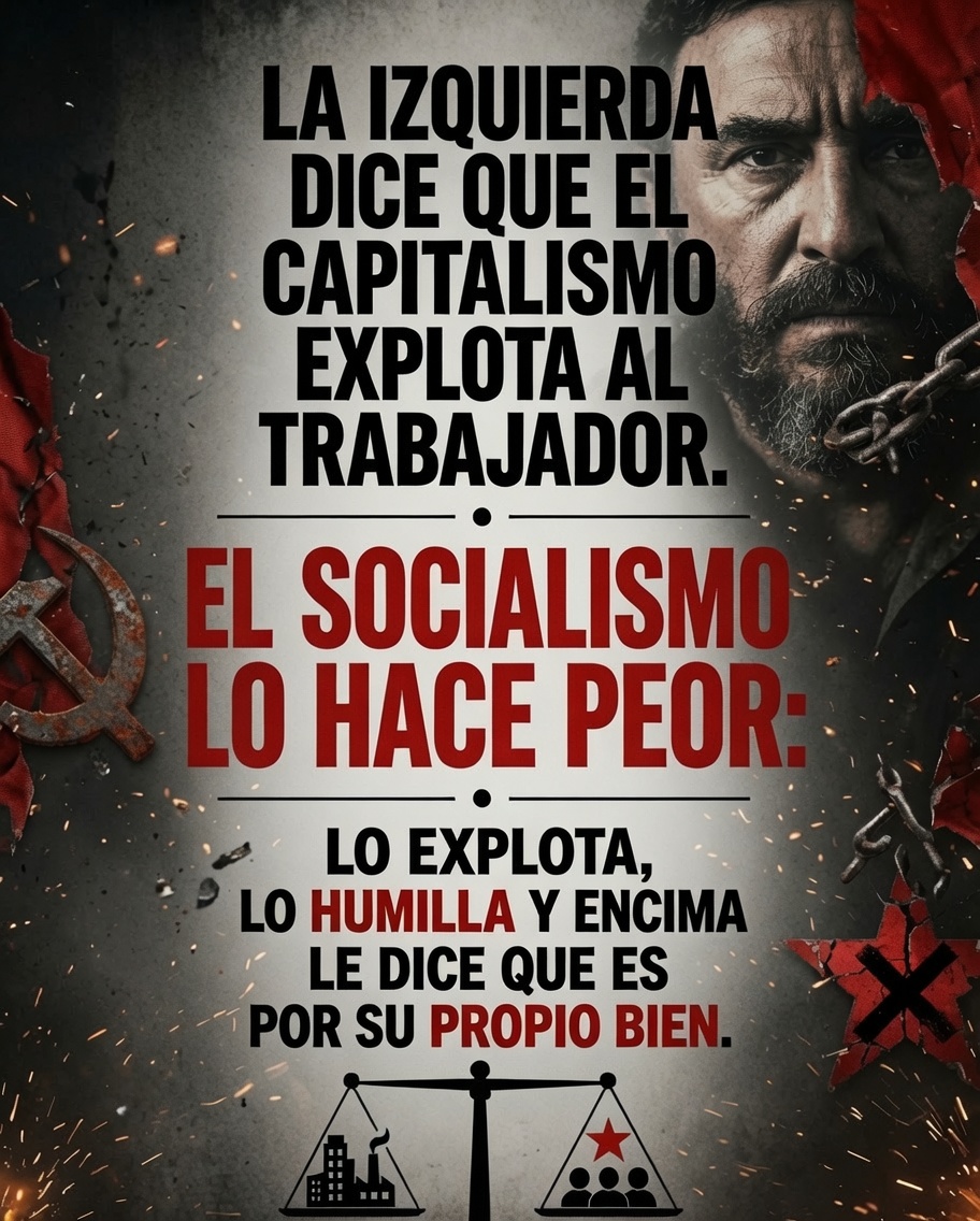 Alejand17875036's tweet photo. La izquierda dice que el capitalismo explota al trabajador.

El socialismo lo hace peor:
lo explota, lo humilla y encima le dice que es por su propio bien.

Nada más que agregar.

#VLLC
#Anticomunismo
#DiosPatriaFamilia
#SocialismoNuncaMas https://t.co/sexYCzHvO5