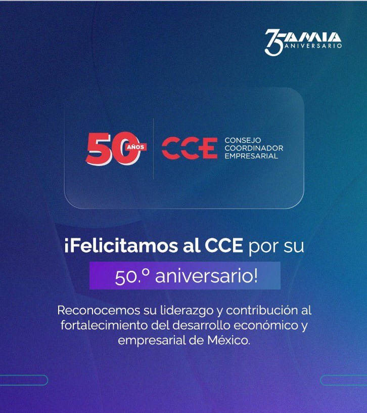 AmiaMexico's tweet photo. Desde la AMIA felicitamos al @cceoficialmx por su 50.º aniversario. Reconocemos su liderazgo, capacidad de diálogo y compromiso con el fortalecimiento del sector productivo y la competitividad de México.

#MotorDeMéxico #UnaIndustriaEnMovimiento #IndustriaAutomotriz https://t.co/YR1Er7JONq