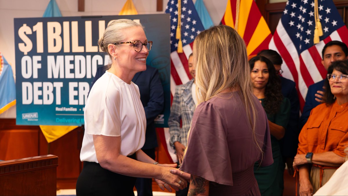 GovernorHobbs's tweet photo. No one should have to choose between getting healthcare and putting food on the table. Today, I'm proud to share that we’ve erased over $1 BILLION in medical debt for 670,000+ Arizonans. https://t.co/0G2XM4hsuW