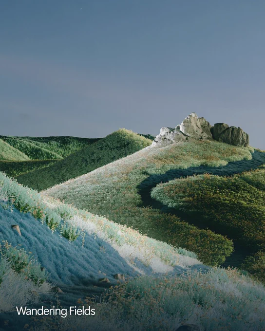 Soft, pastel landscape of grassy hills and scattered rocks under a clear sky. Text at the bottom reads ‘Wandering Fields.’